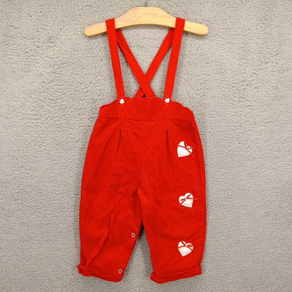 Vintage Toddler 24 Months Corduroy Overalls Hearts‎ Applique Red White Pants